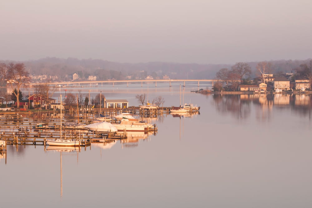 High angle, early morning view of a coastal community on the South River in Edgewater, Maryland.